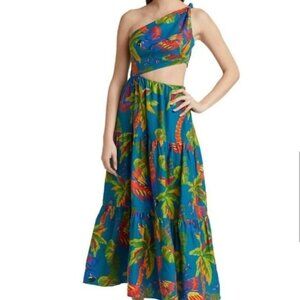 Farm Rio Sunny Day One‑Shoulder Maxi Dress NWT Tropical Cut‑Out Tiered - Medium